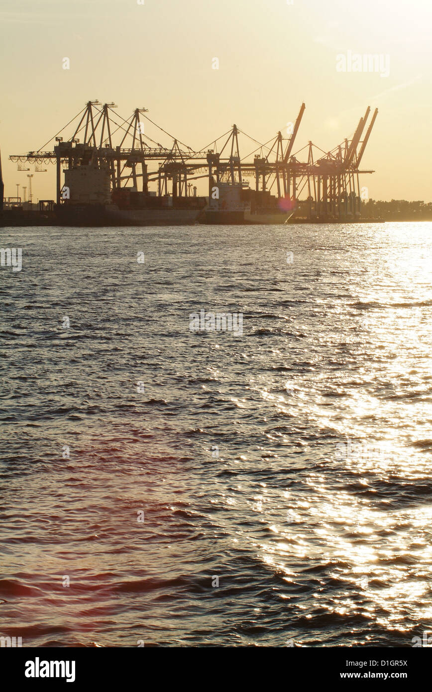 Amburgo, Germania, Containerbruecken il porto di Amburgo nella luce della sera Foto Stock
