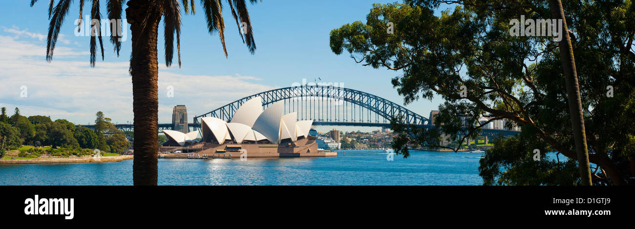 Sydney Opera House e il Sydney Harbour Bridge panoramic da Sydney Royal Botanic Gardens, Sydney, Nuovo Galles del Sud, Australia Foto Stock