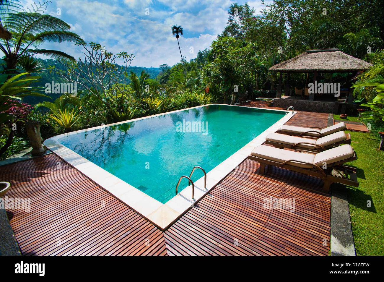 Area della piscina a una sistemazione di lusso nei pressi di Ubud, Bali, Indonesia, Asia sud-orientale, Asia Foto Stock