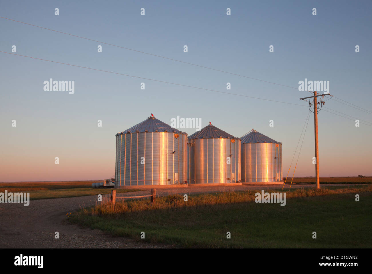 Silos per il grano a est di Redfield, South Dakota, nella luce della sera. Foto Stock