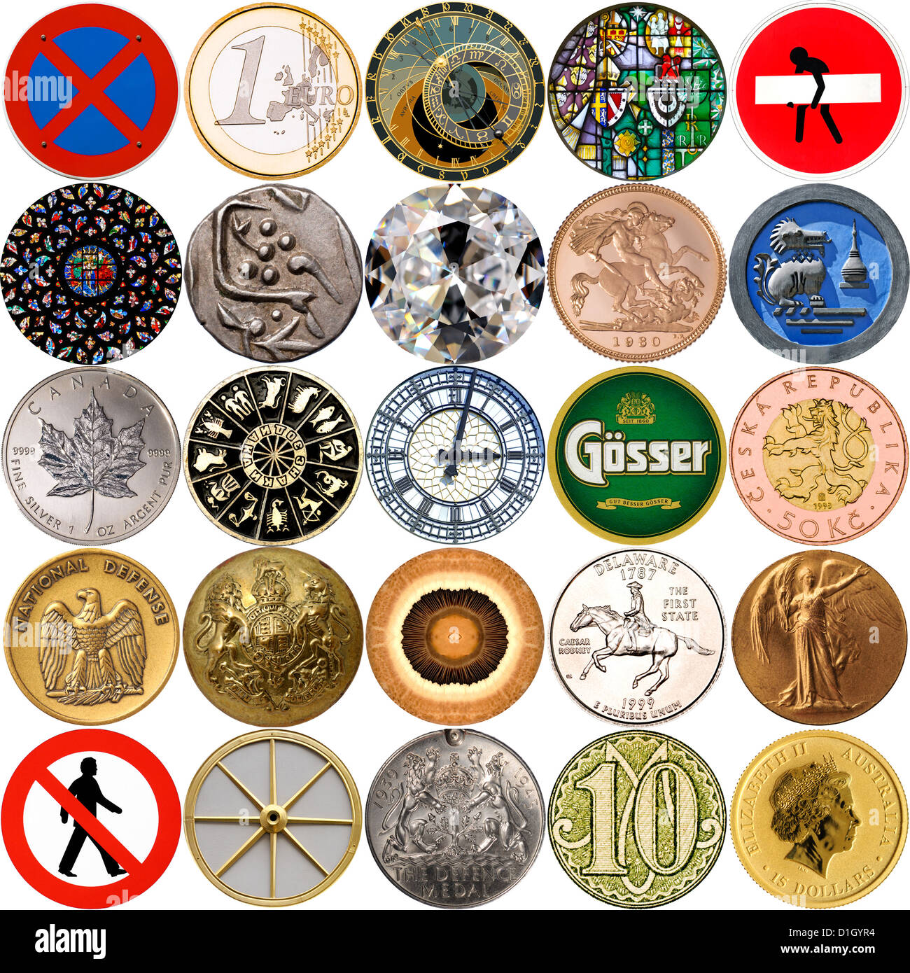 Oggetti circolari - monete, medaglie, cartelli stradali ecc. Foto Stock