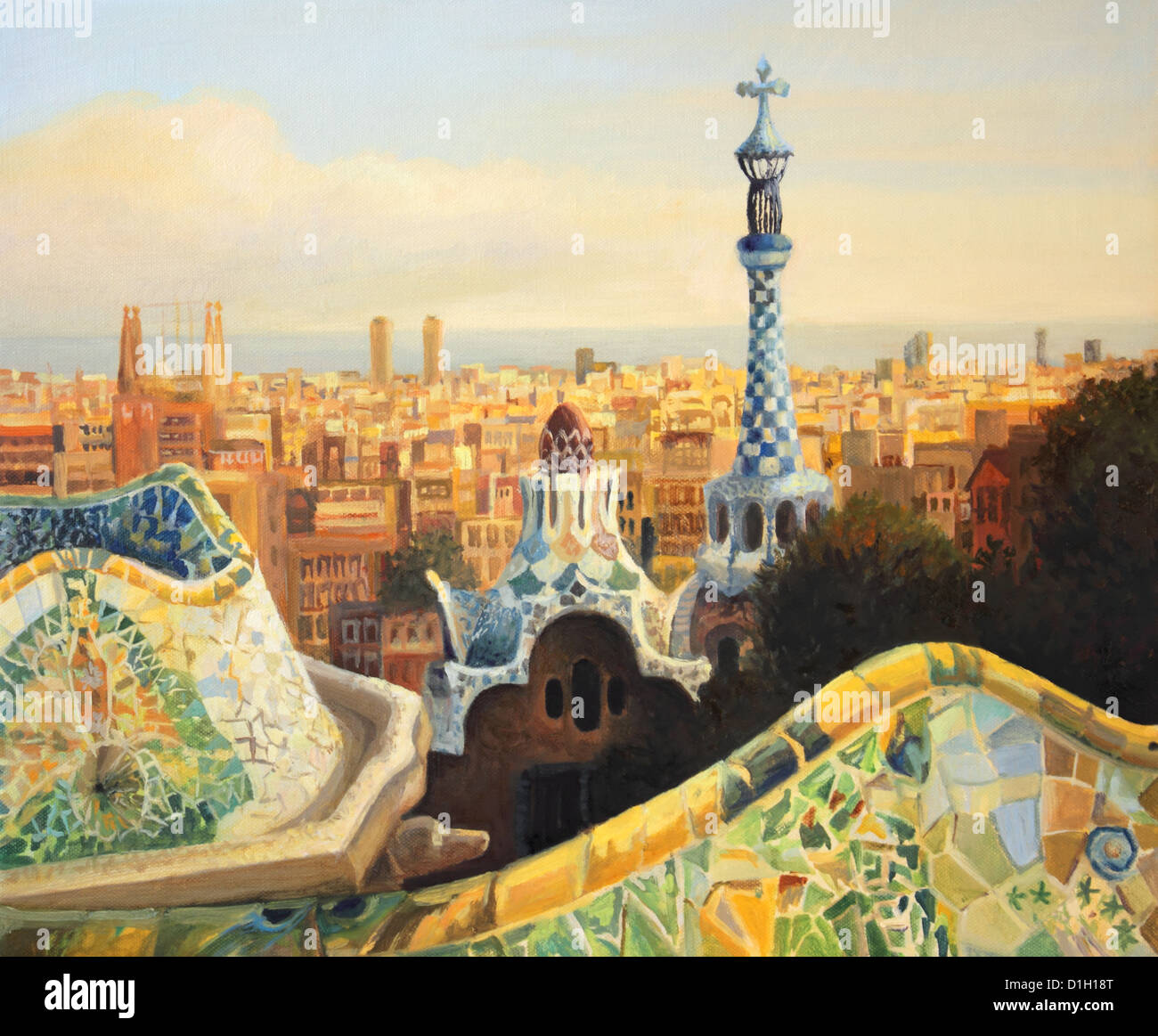 Un dipinto ad olio su tela di Barcellona, Parco Guell terrazza al tramonto con una vista panoramica della citta'. Foto Stock