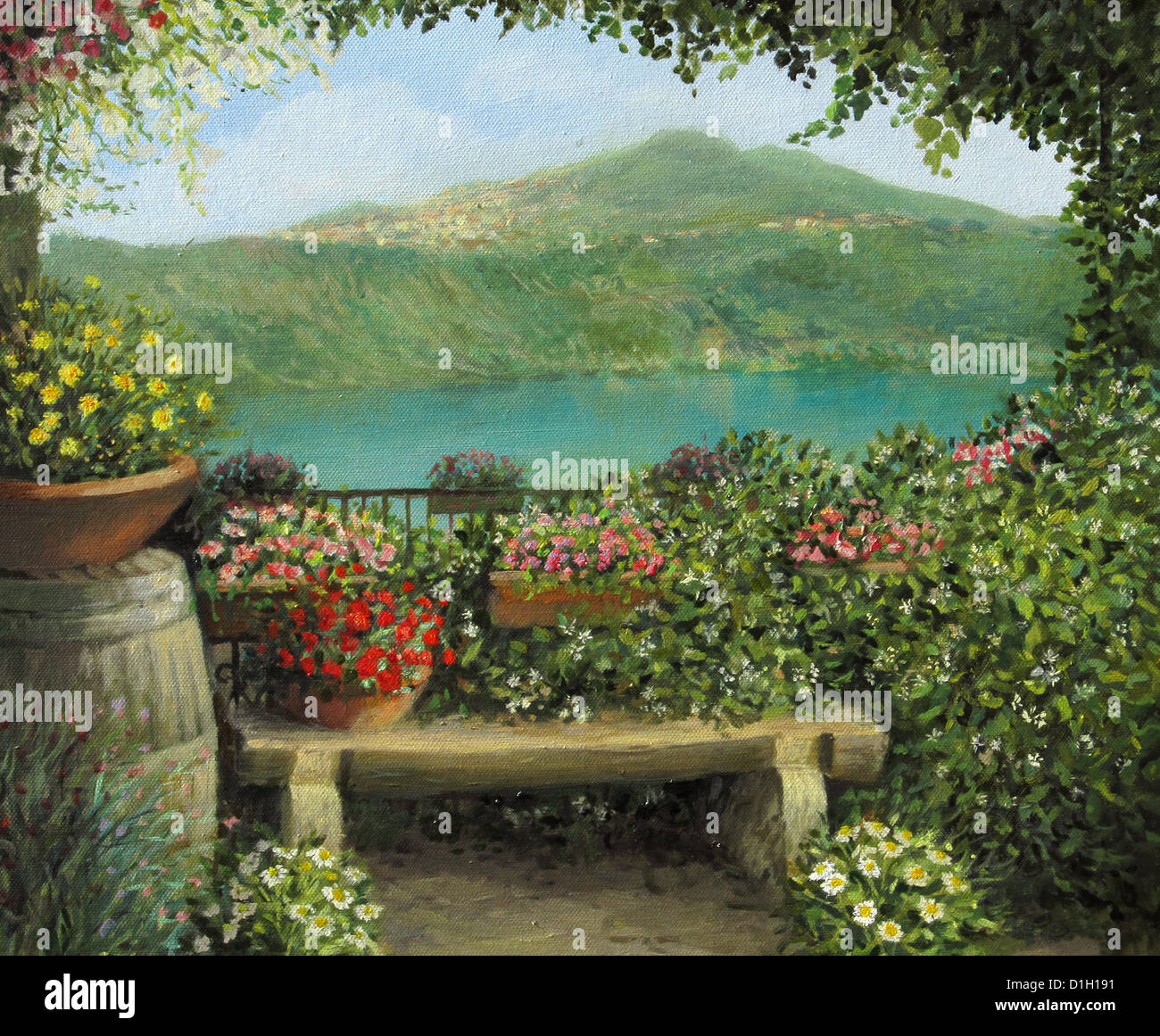 Un dipinto ad olio su tela di una vista verso il lago di Castel Gandolfo, Italia con un romantico da banco e fiori che sbocciano. Foto Stock