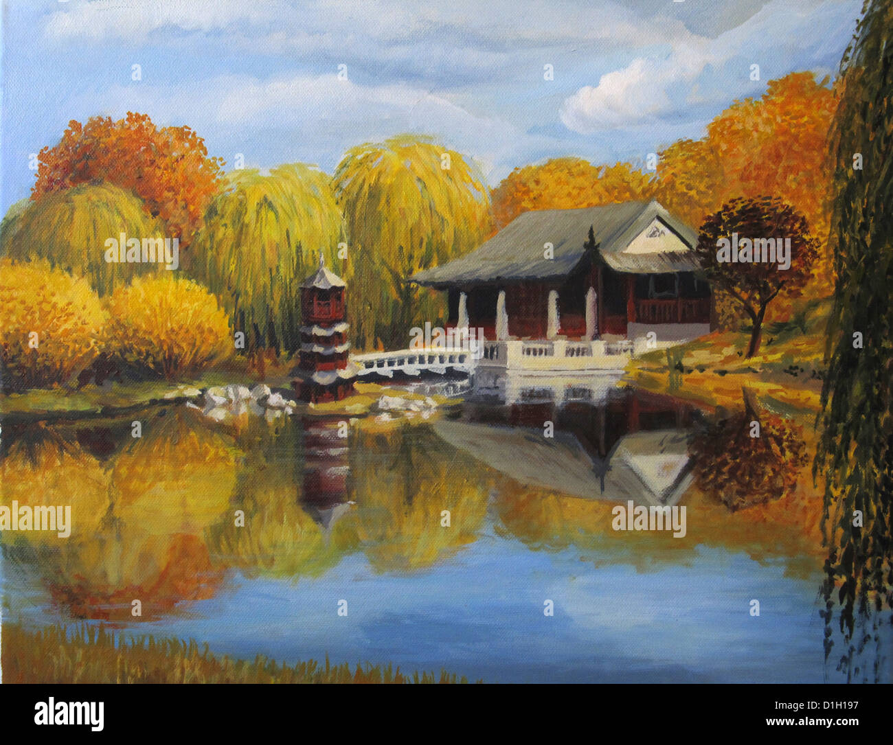 Un dipinto ad olio su tela di un tradizionale giardino cinese a Berlino con una casa da tè sulla riva del lago. Foto Stock