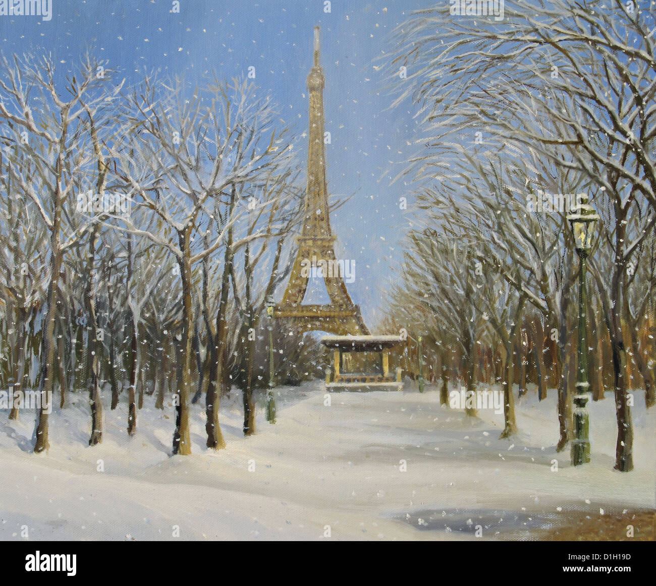 Un dipinto ad olio su tela di neve invernale in scena a Parigi con la mitica Torre Eiffel sullo sfondo del paesaggio. Foto Stock