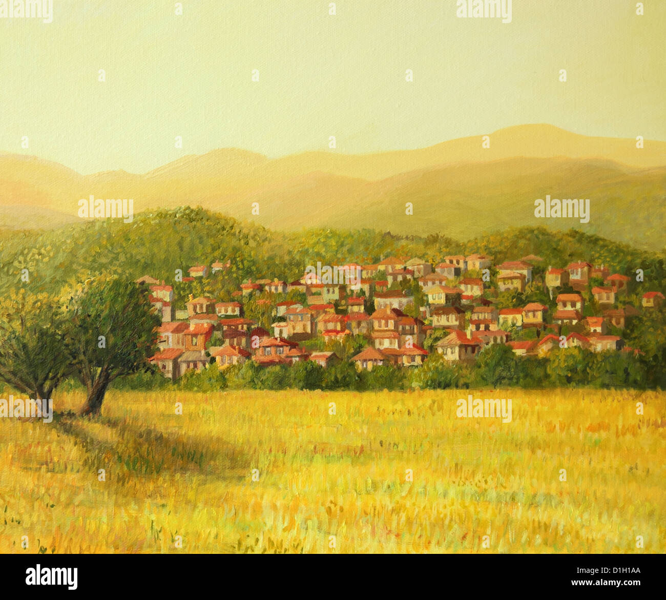 Un dipinto ad olio su tela di una golden sunset rurale scena con un piccolo villaggio nascosto sui pendii della montagna. Foto Stock