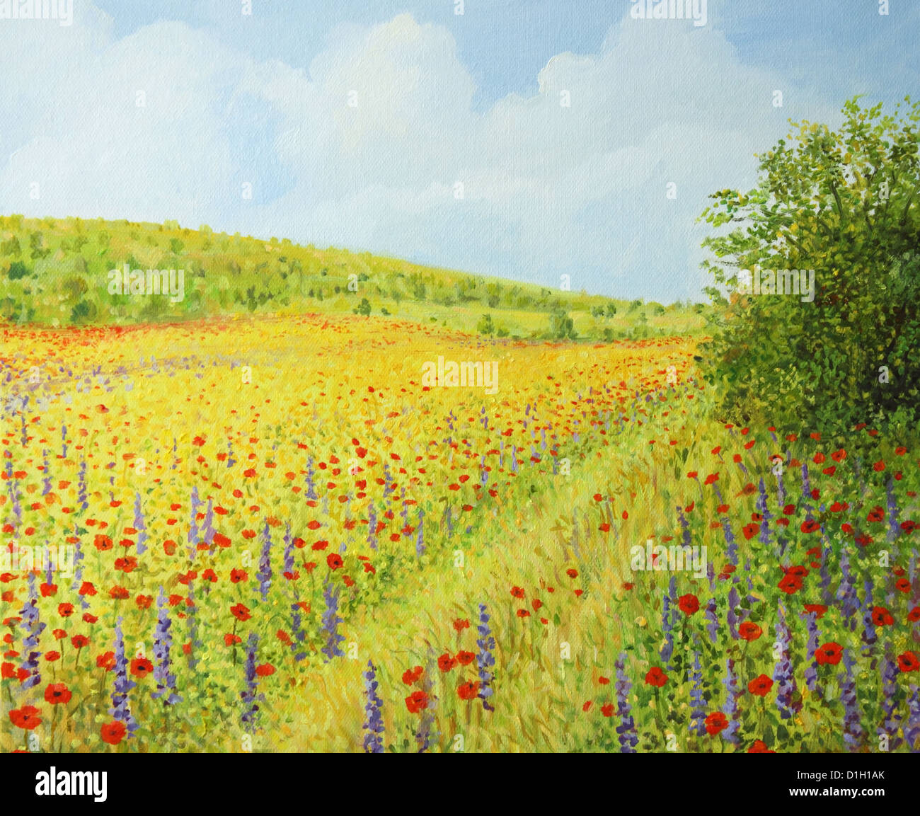 Un dipinto ad olio su tela di un campo vibrante selvaggio con fiori di primavera come il papavero Semi di colza e di giacinto in una luminosa giornata di sole. Foto Stock