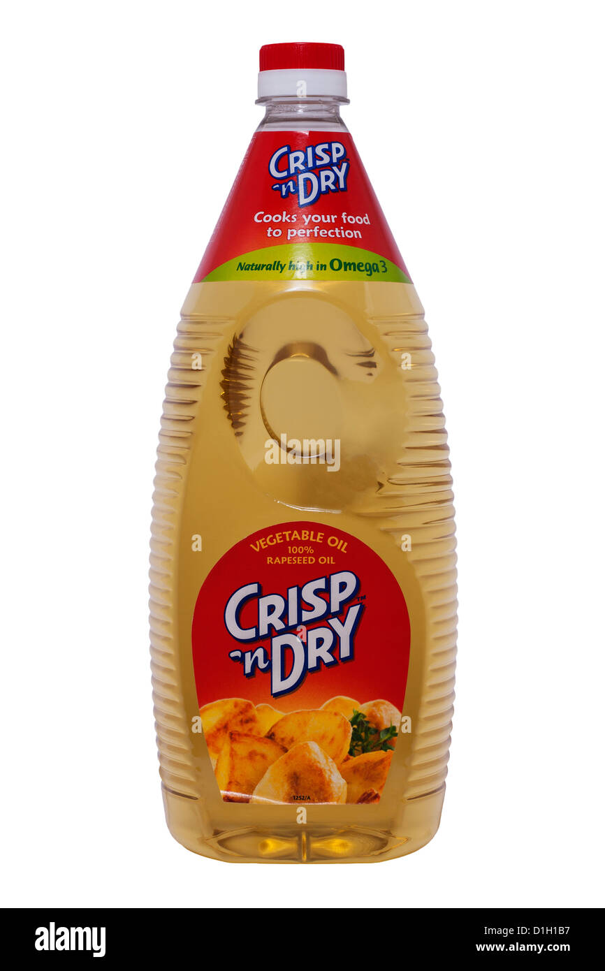 Una bottiglia di croccante 'n secco olio vegetale olio di semi di colza per la cottura su sfondo bianco Foto Stock