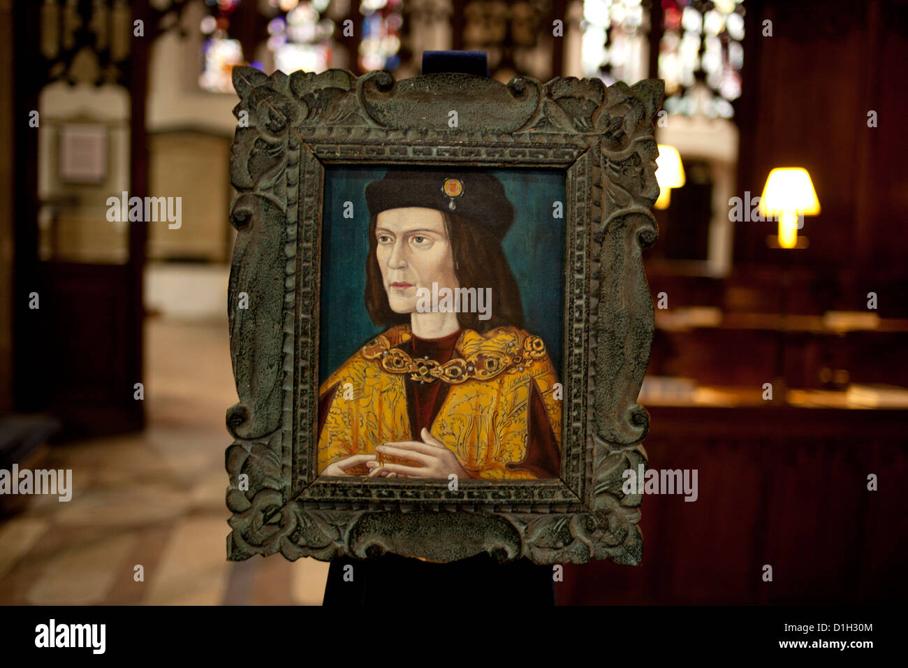 Un ritratto del re Richard la terza all'interno della cattedrale di Leicester. Foto Stock