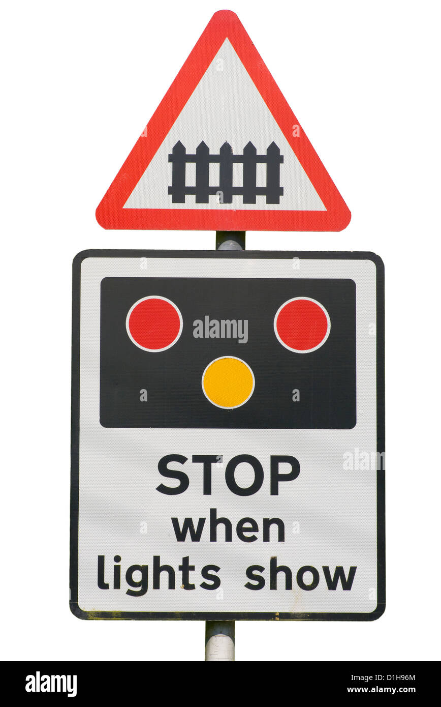 Passaggio a livello Stop quando le luci mostra cartello stradale Foto Stock