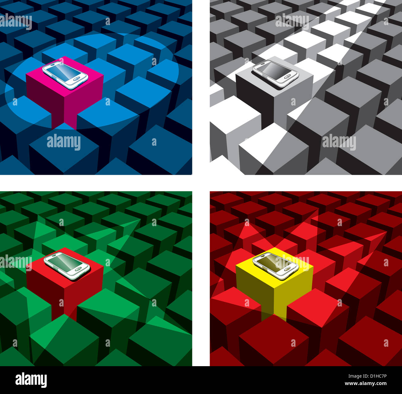 A cubetti con diversa forma spotlight e un telefono cellulare Foto Stock