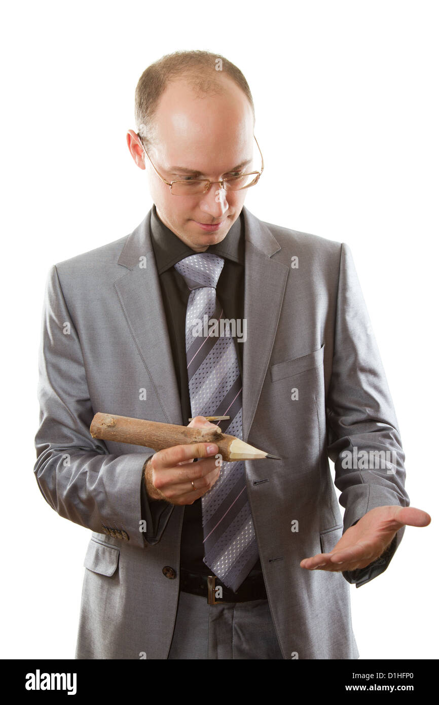 Ritratto di isolato di un imprenditore esecutivo in un vestito con matita su sfondo bianco. Più di questa serie sul mio portafoglio ! Foto Stock