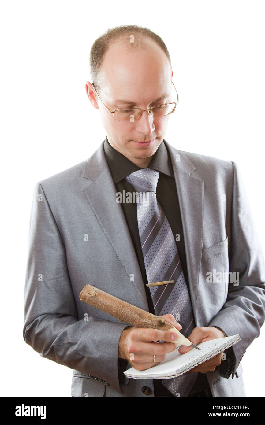 Ritratto di isolato di un imprenditore esecutivo in un vestito con matita su sfondo bianco. Più di questa serie sul mio portafoglio ! Foto Stock