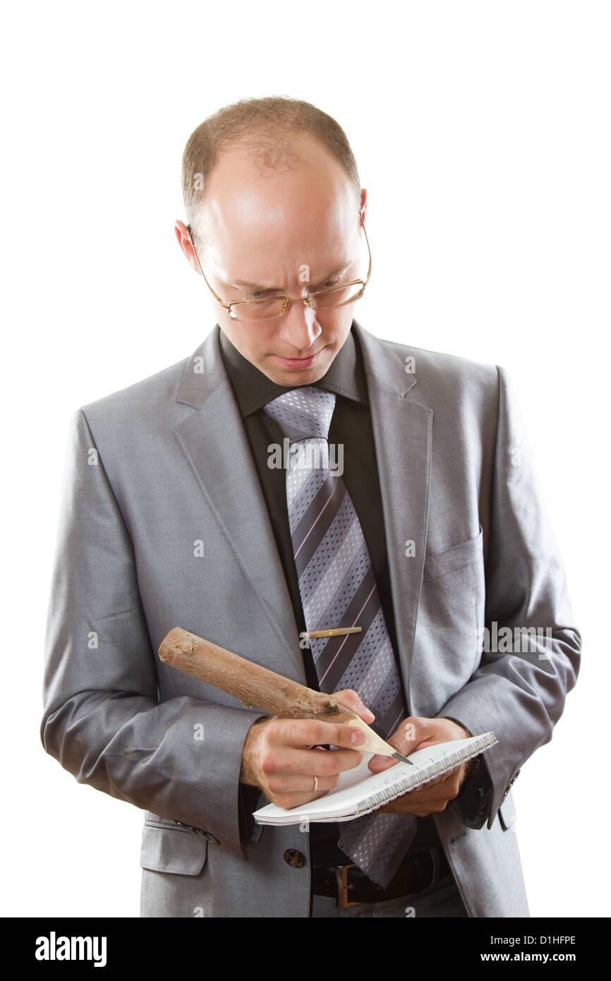 Ritratto di isolato di un imprenditore esecutivo in un vestito con matita su sfondo bianco. Più di questa serie sul mio portafoglio ! Foto Stock
