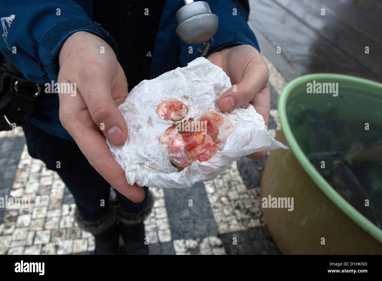 Squame di pesce per la felicità, mercato di Natale la vendita di carpe, Praga, Repubblica Ceca Foto Stock