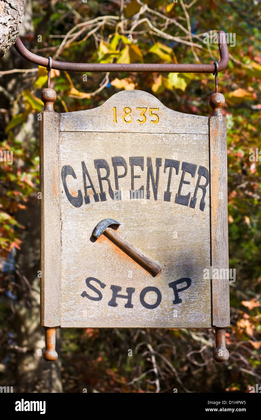Un falegname shop segno presso il falegname shop in Allaire Village, New Jersey. Foto Stock