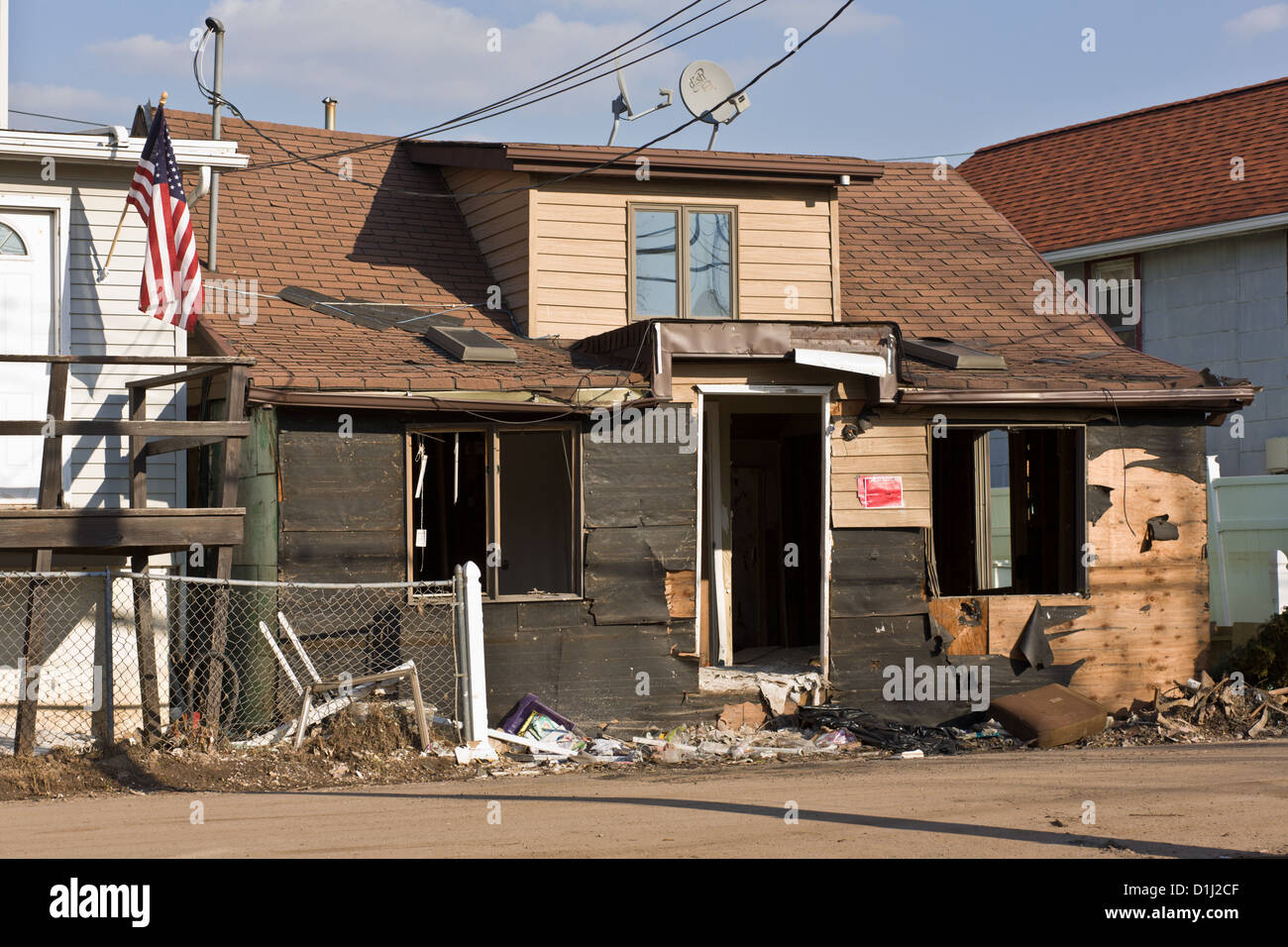 Danni residenziale dall uragano sabbioso di Staten Island, New York Foto Stock