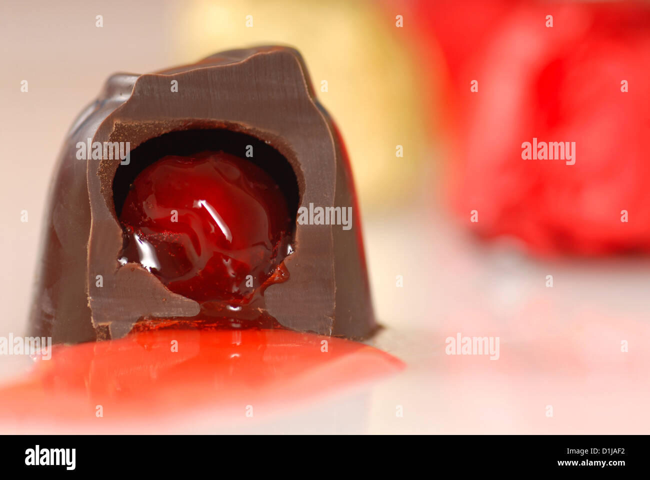 Ricoperta di cioccolato ciliegia che è stata aggredita così il suo succo fuoriesce Foto Stock