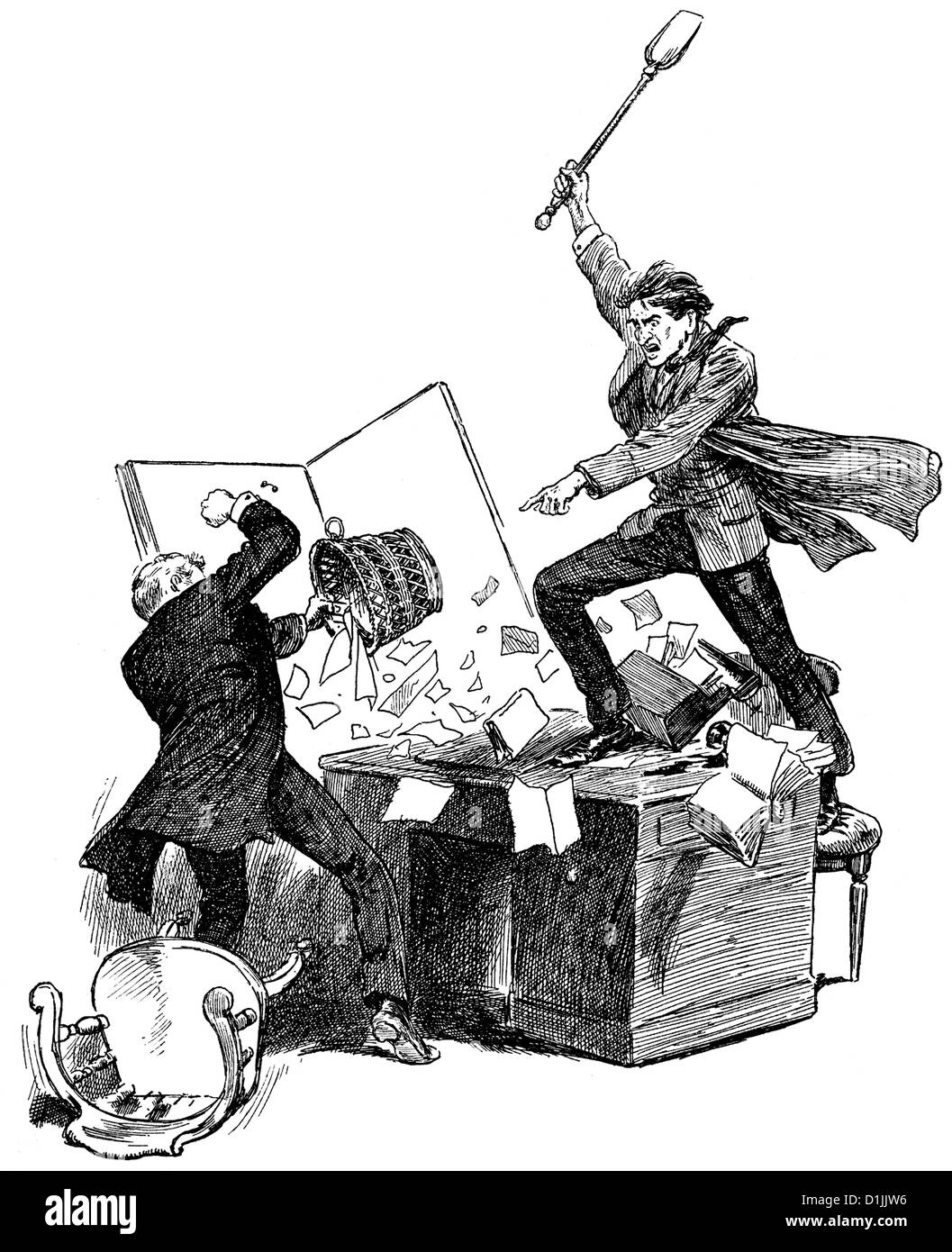 Due uomini sostenendo o combattendo in un ufficio, circa 1894, Foto Stock