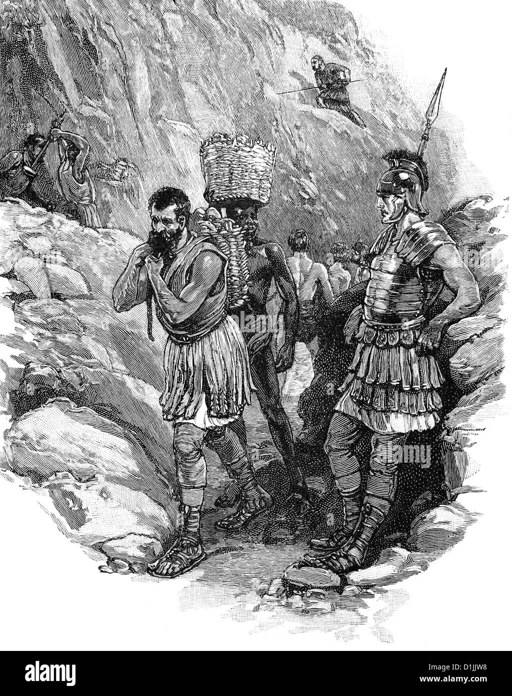 Legionario romano supervisione lavoratori anglosassone in una miniera di stagno in circa 50 D.C. Foto Stock