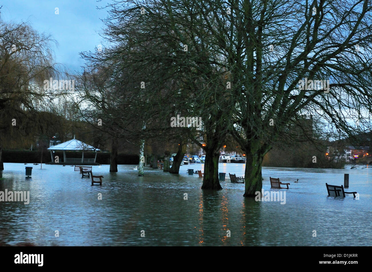 Henley-on-Thames Buckinghamshire UK 16.00 GMT 20-12-2012 Tradizionale del giorno di Natale passeggiate lungo il Tamigi lato percorso di traino e dar da mangiare alle anatre al laminatoio prati ,Henley-on-Thames, vanificata da la risalita di acque di esondazione (nota il fiume Tamigi è tra il Banco e il Berkshire lato del fiume - come si è visto) con la Chiesa di Santa Maria dietro gli alberi Foto Stock