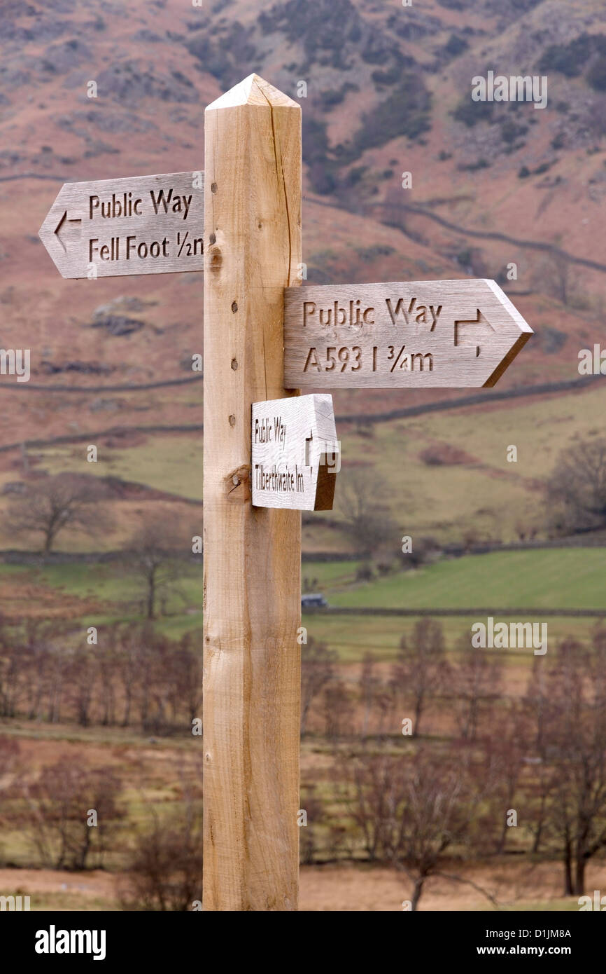 In legno intagliato sentiero direzione dito post sign in poco Langdale, Cumbria, Lake District, Inghilterra, Regno Unito. Foto Stock