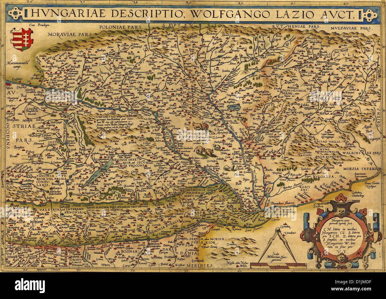 Antica Mappa di Ungheria da Abraham Ortelius, circa 1570 Foto Stock