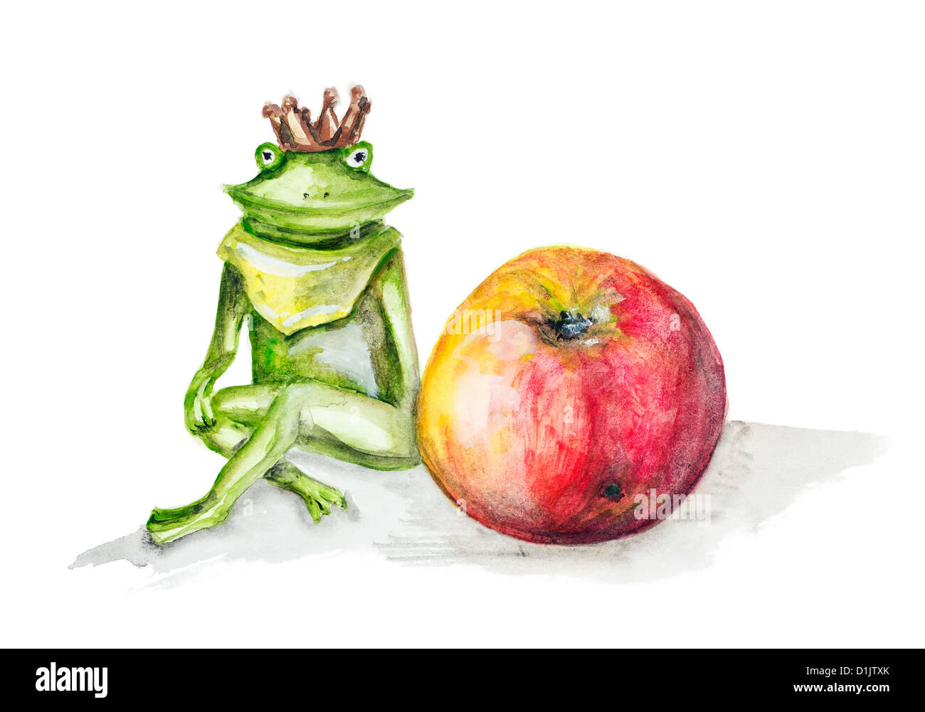 Frog princess e worm-mangiato rosso isolato di apple - handmade pittura ad acquerello illustrazione su un libro bianco sullo sfondo di arte Foto Stock