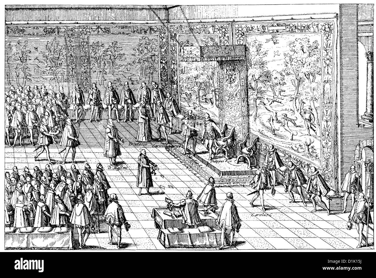 Il facsimile di una illustrazione, Carlo V. consegnando il regno dei Paesi Bassi a suo figlio Filippo II, XVI secolo Foto Stock