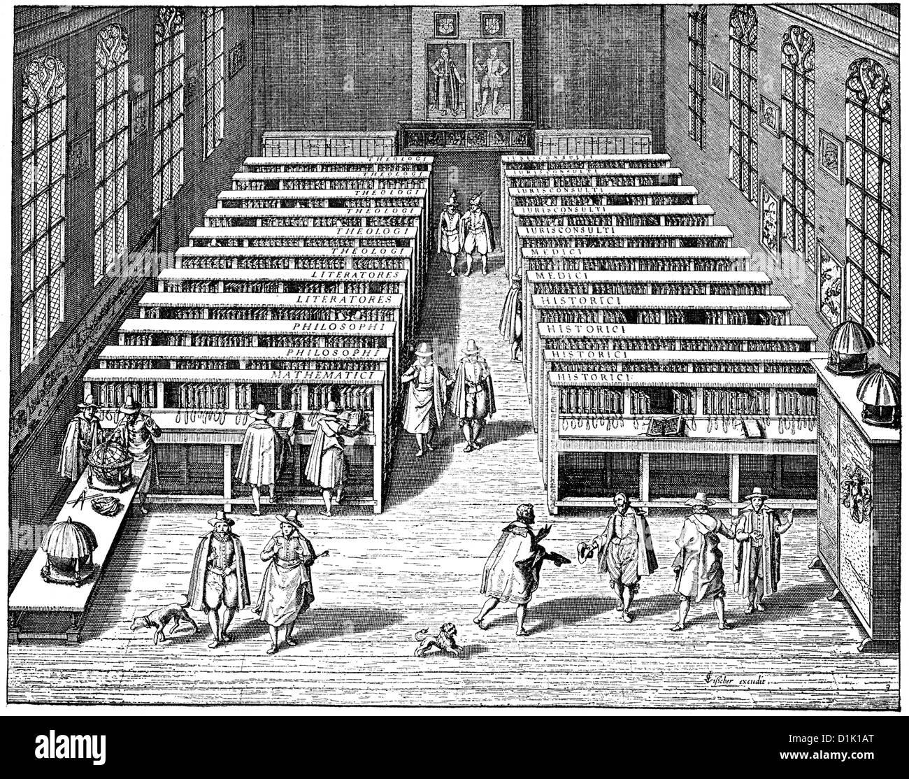 La biblioteca dell'Università di Leiden o Leida, secolo XVII, Paesi Bassi, Europa Foto Stock