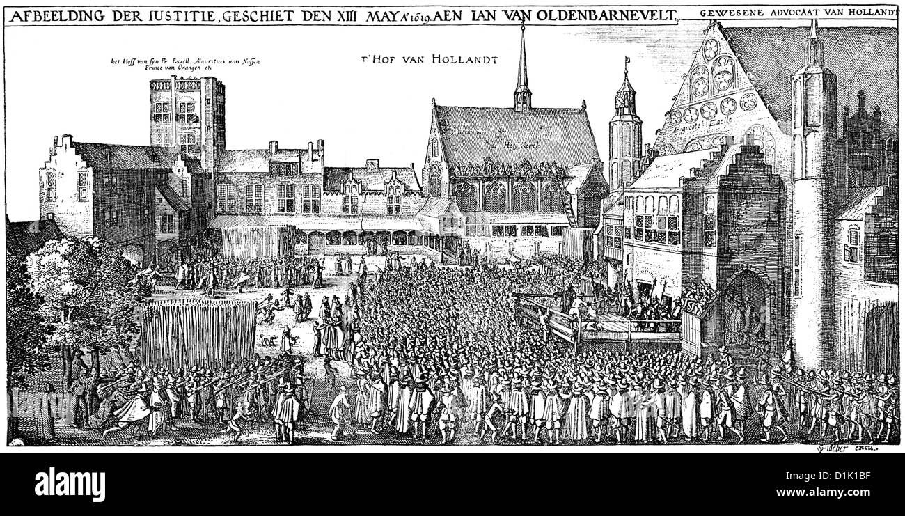L'esecuzione di Johan van Oldenbarnevelt, 1547 - 1619, il 13 maggio 1619, uno statista olandese e fondatore della Repubblica olandese Foto Stock
