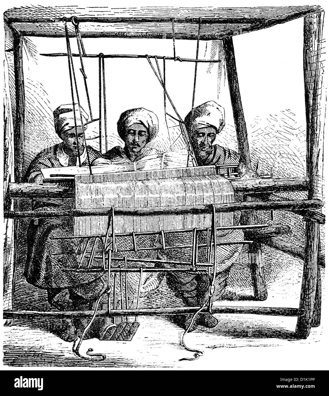Tessitori indiani lavorando su una meccanica telaio di tessitura, XVIII secolo Foto Stock