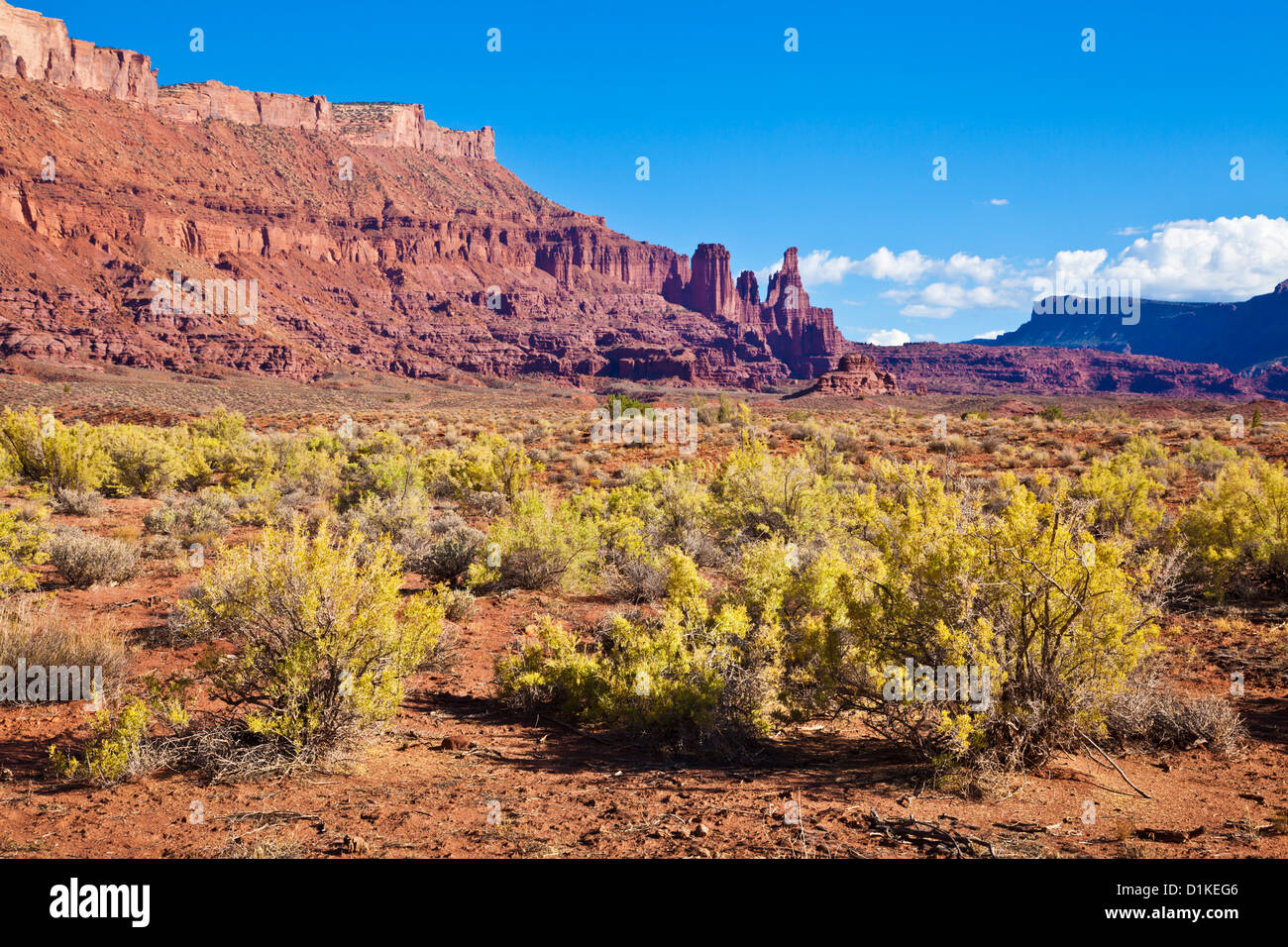Torri di Fisher e sagebrush foreground, vicino a Moab, Utah, Stati Uniti d'America, America del Nord Foto Stock