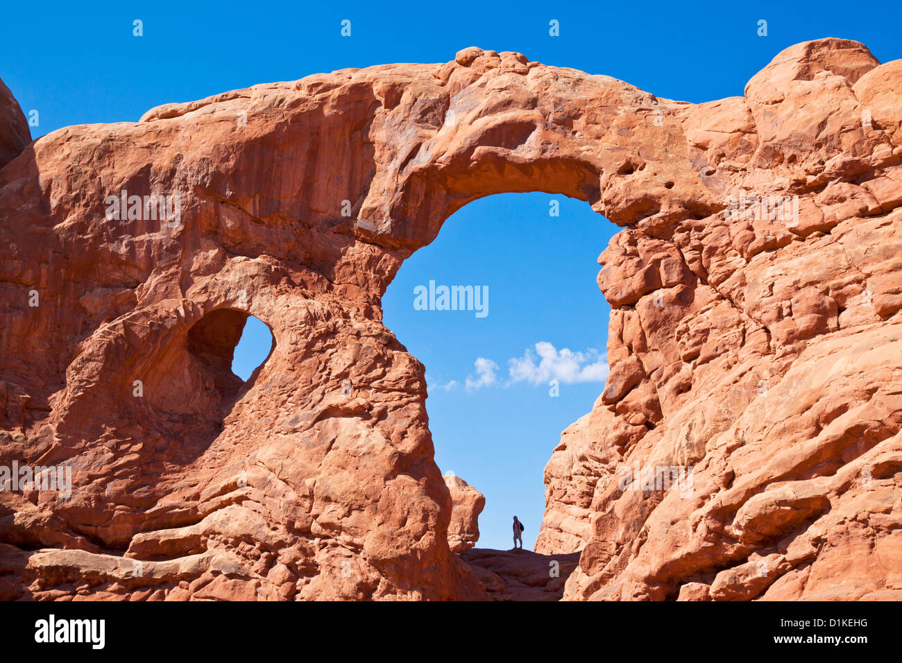 Tourist stagliano nell arco della torretta nella sezione Windows Arches National Park vicino a Moab Utah USA Stati Uniti d'America us Foto Stock
