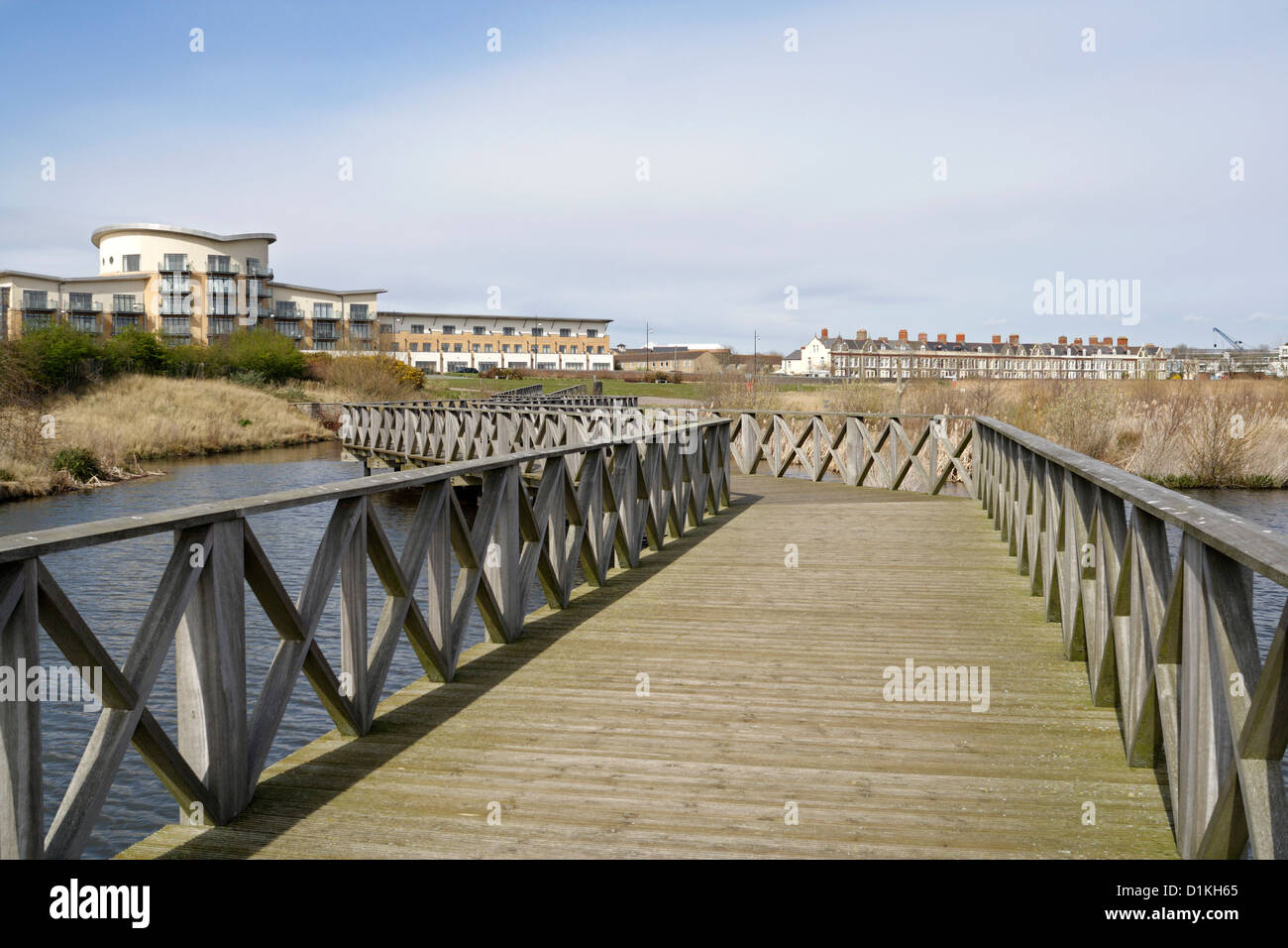 Passerella in legno presso la Riserva delle paludi della Baia di Cardiff, Galles UK, area della biodiversità Foto Stock