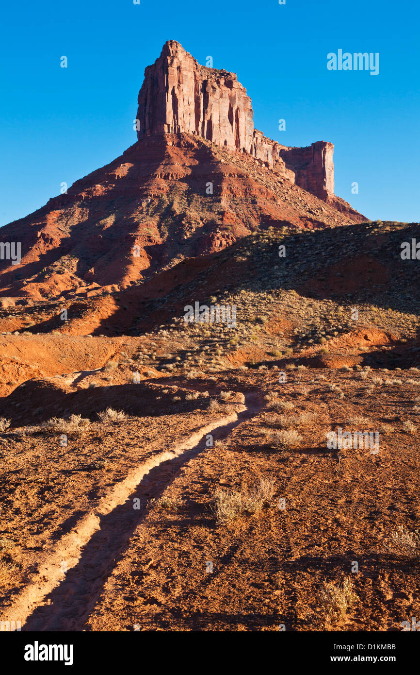 Rosso di roccia arenaria, castello Valle al tramonto, vicino a Moab, Utah, Stati Uniti d'America Stati Uniti d'America Foto Stock