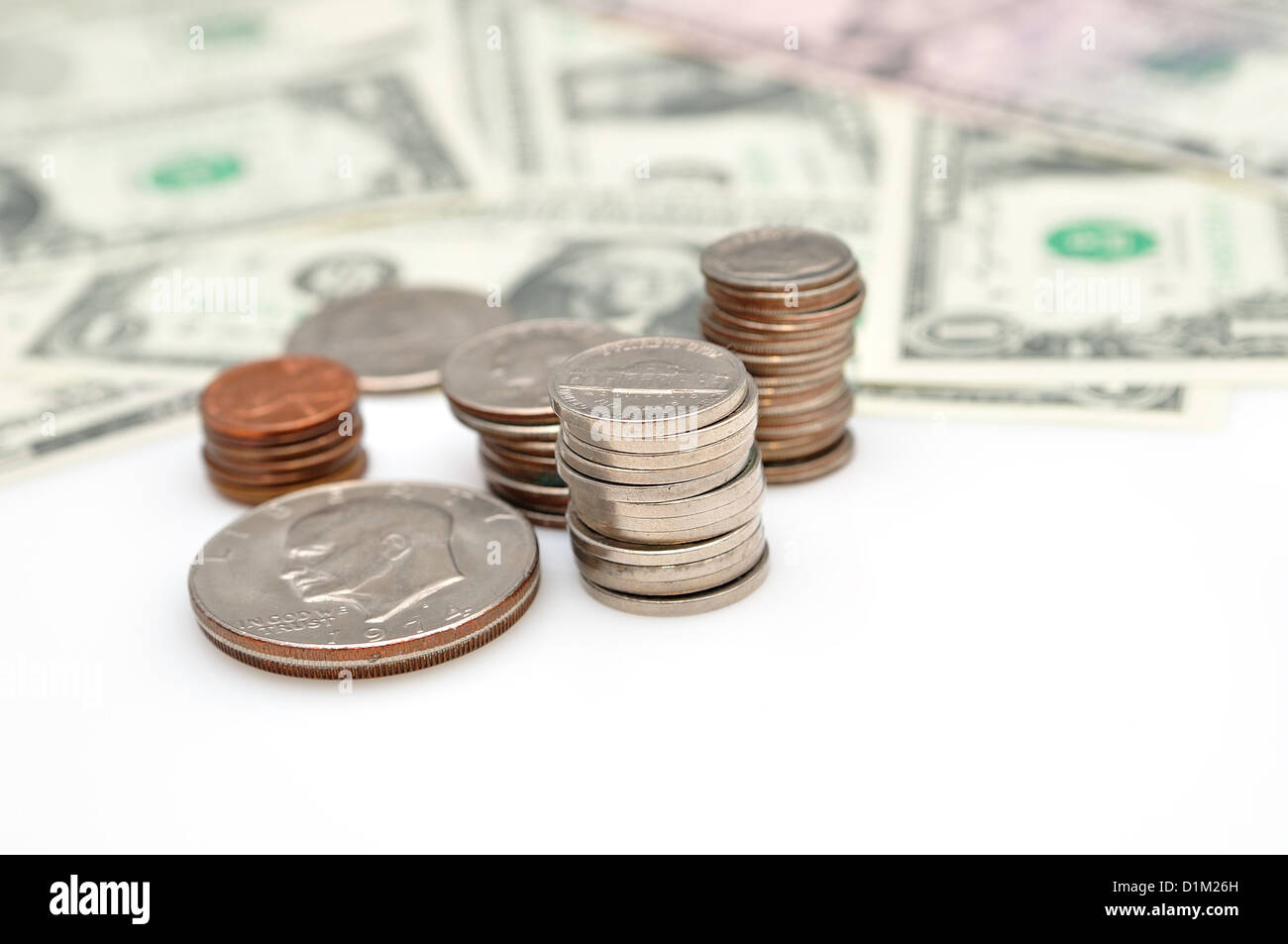 Dollaro delle monete e delle banconote. Foto Stock