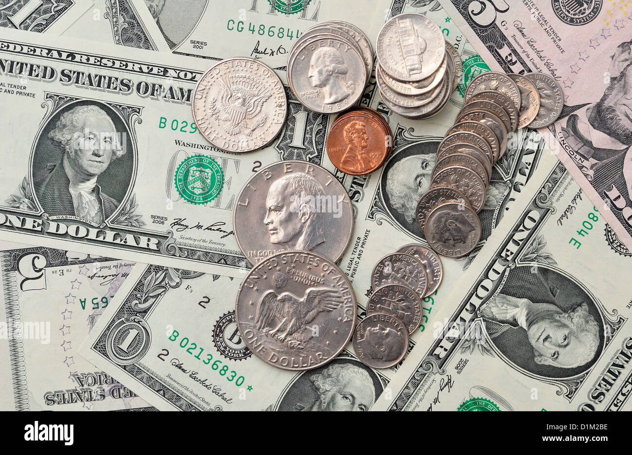 Dollaro delle monete e delle banconote. Foto Stock