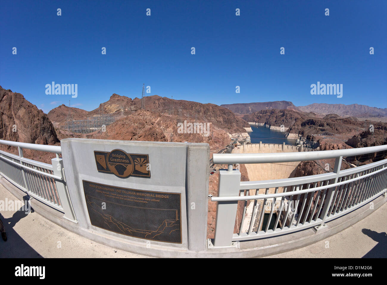 Mike O'Callaghan-Pat Tillman Memorial Bridge, Hoover Dam e il Fiume Colorado, tra Nevada e Arizona, Stati Uniti d'America Foto Stock