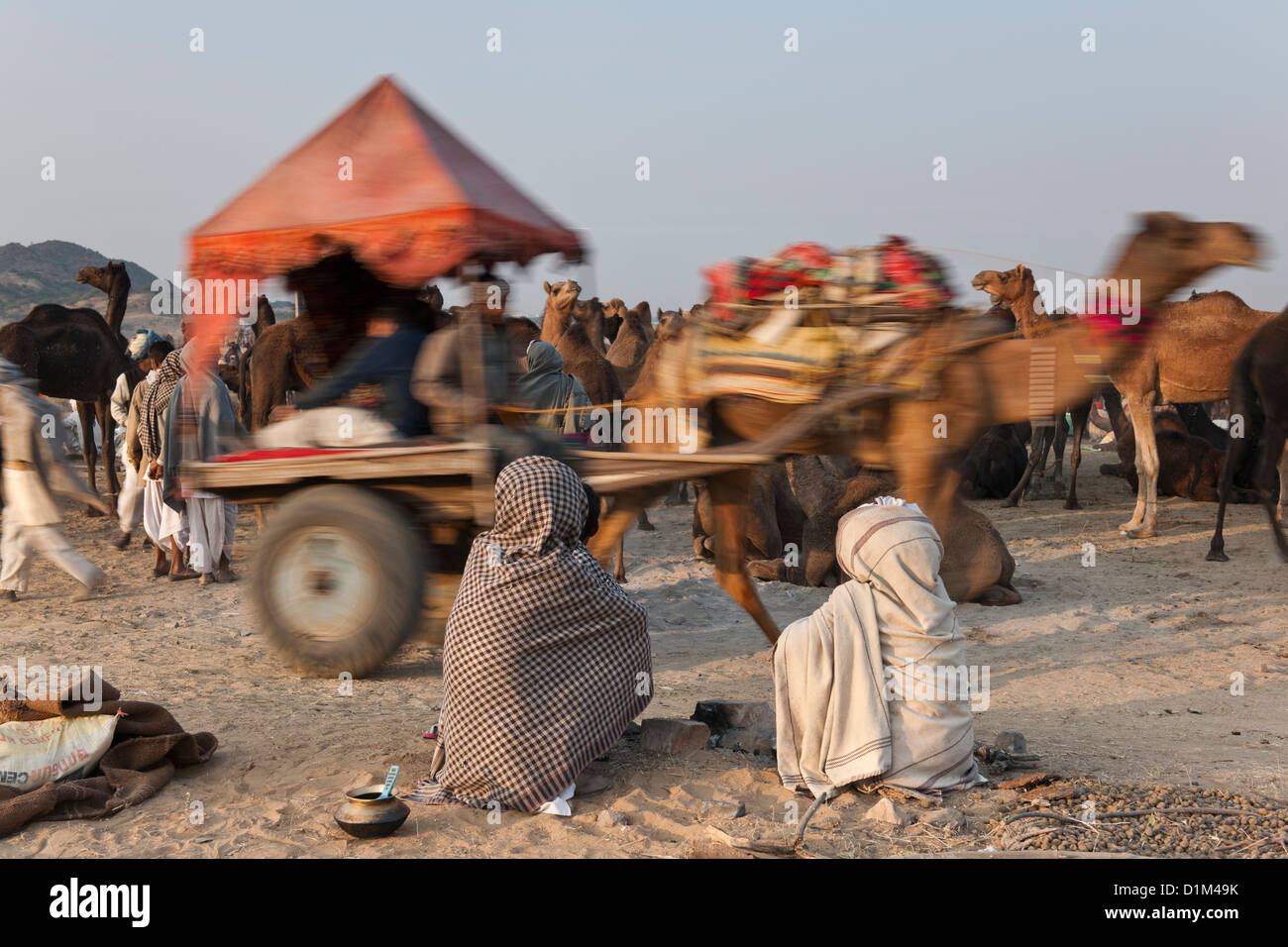 I commercianti del cammello sedersi sul terreno a guardare i loro cammelli a parlare del cammello annuale fiera di Pushkar Rajasthan in India Foto Stock