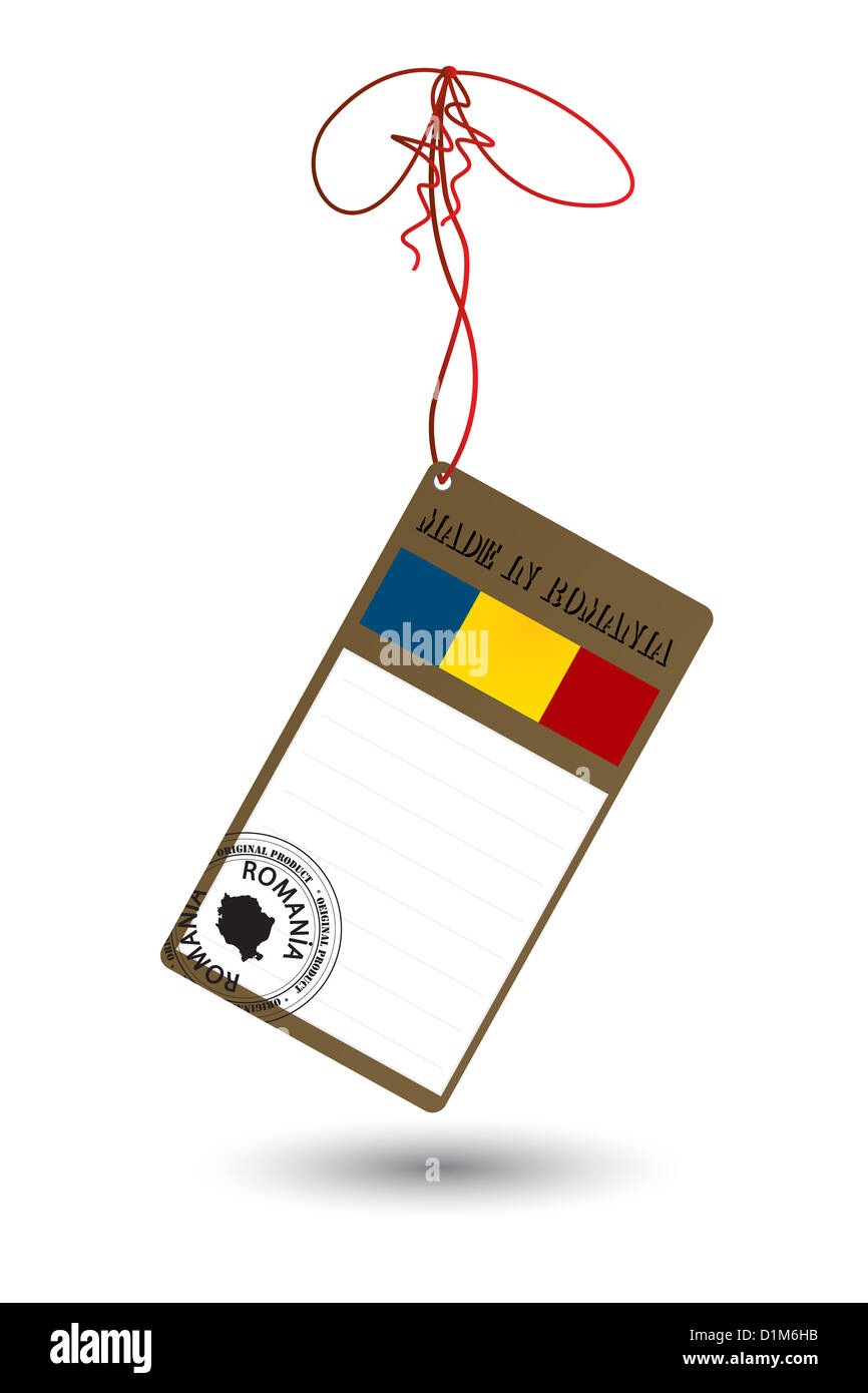 Prezzo di etichetta con bandiera rumena e timbro su bianco Foto Stock