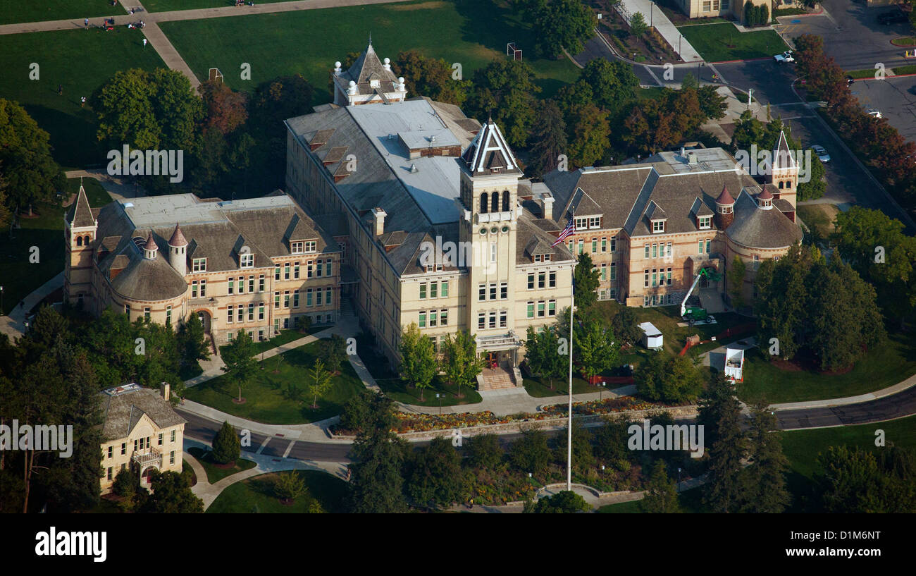 Fotografia aerea del vecchio edificio principale, la Utah State University, Logan, Utah Foto Stock