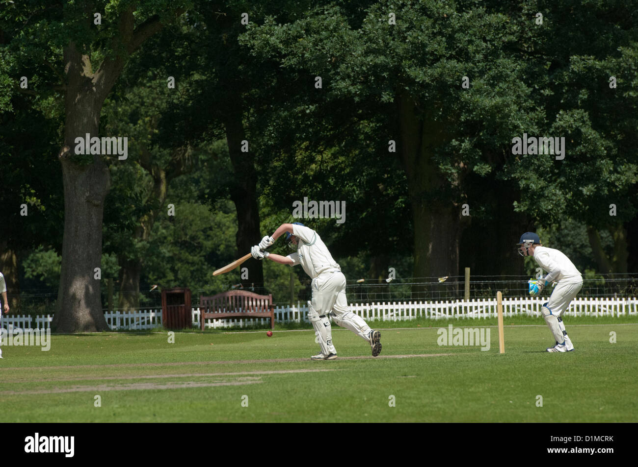 Gioco di cricket su un pomeriggio estati in un villaggio inglese. Foto Stock