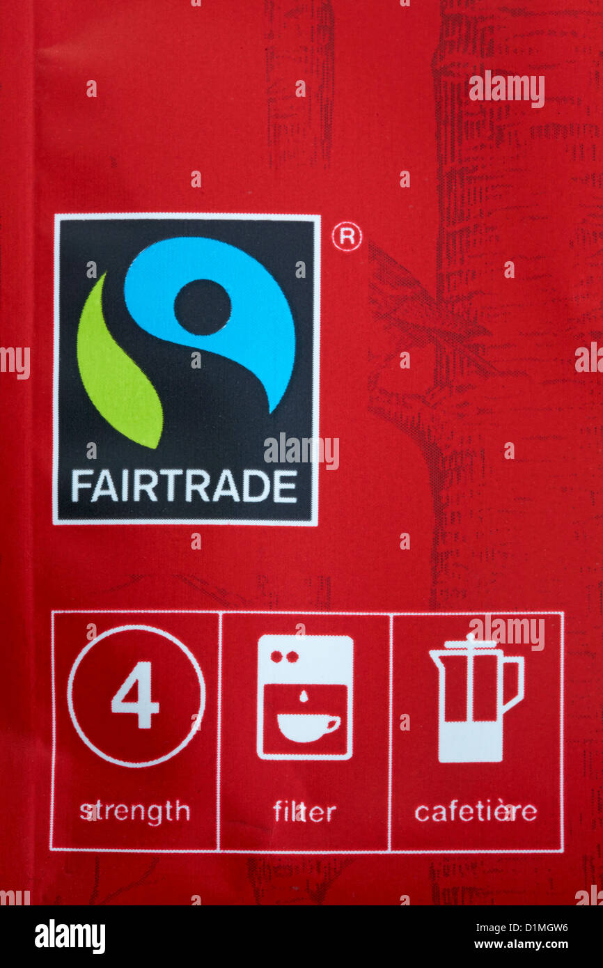 Fairtrade logo e dettagli sulla scatola di caffè Foto Stock