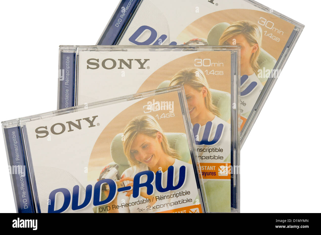 3 Sony Ri-registrabile DVD-RW custodie di plastica Foto Stock