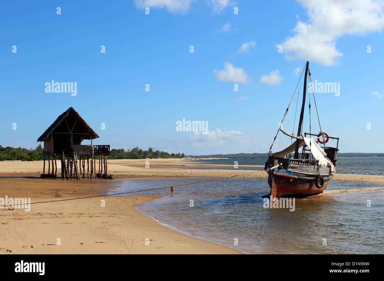 La spiaggia e la riva davanti al Kipungani Explorer beach resort, isola di Lamu, Kenya, Africa orientale Foto Stock