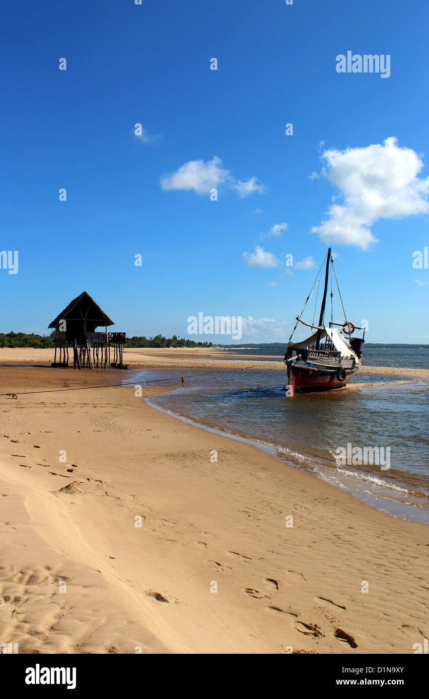 La spiaggia e la riva davanti al Kipungani Explorer beach resort, isola di Lamu, Kenya, Africa orientale Foto Stock