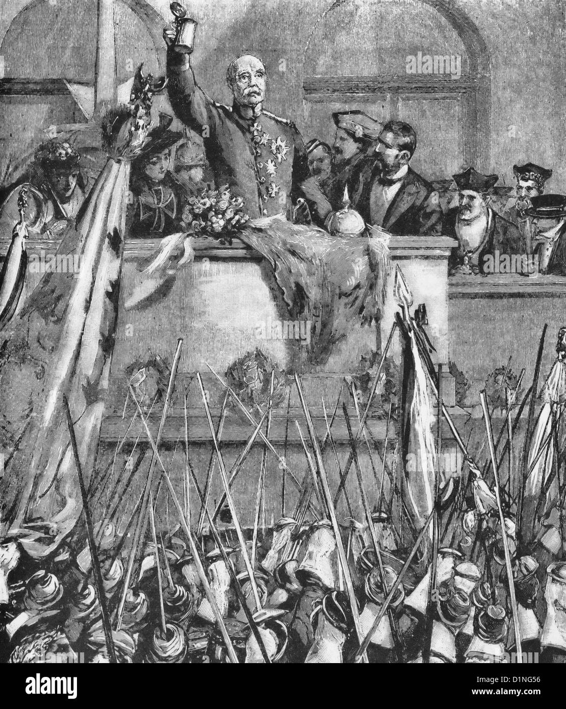 Studenti tedeschi a bere la salute di Bismarck a Friedrichsruhe sul suo diciottesimo compleanno, circa 1895 Foto Stock