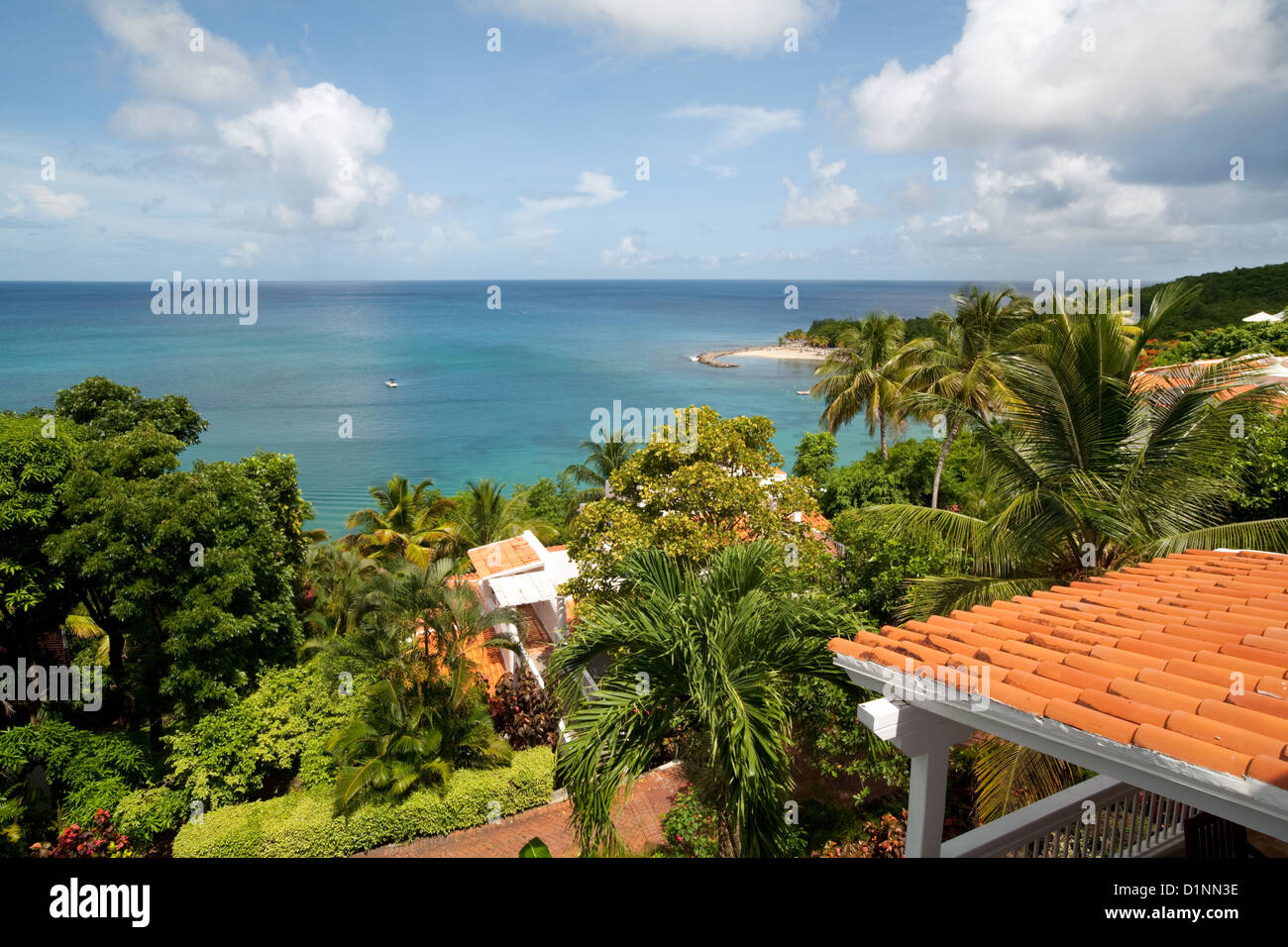 Una vista della St Lucia costa e mare da Windjammer Landing Hotel, St Lucia, Caraibi, West Indies Foto Stock