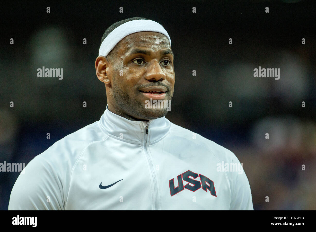 Lebron James (USA) concorrenti in la medaglia d oro di pallacanestro degli uomini di gioco presso le Olimpiadi estive di Londra, 2012 Foto Stock